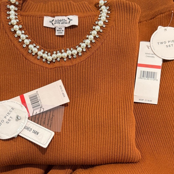 Nanette Lepore NWT Pearl Embellished Knit Two-Piece Pant Set - Picture 2 of 8